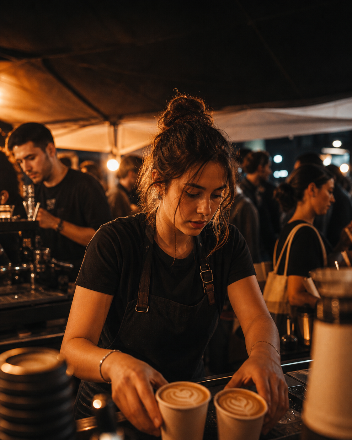 Festival standında kahve hazırlayan barista